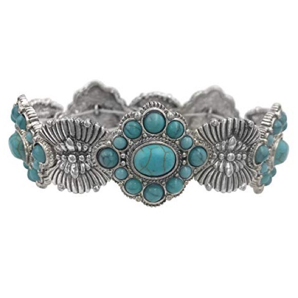 Western Style Turquoise Stone Silver Unique Concho Statement Stretch Bracelet - Picture 1 of 2